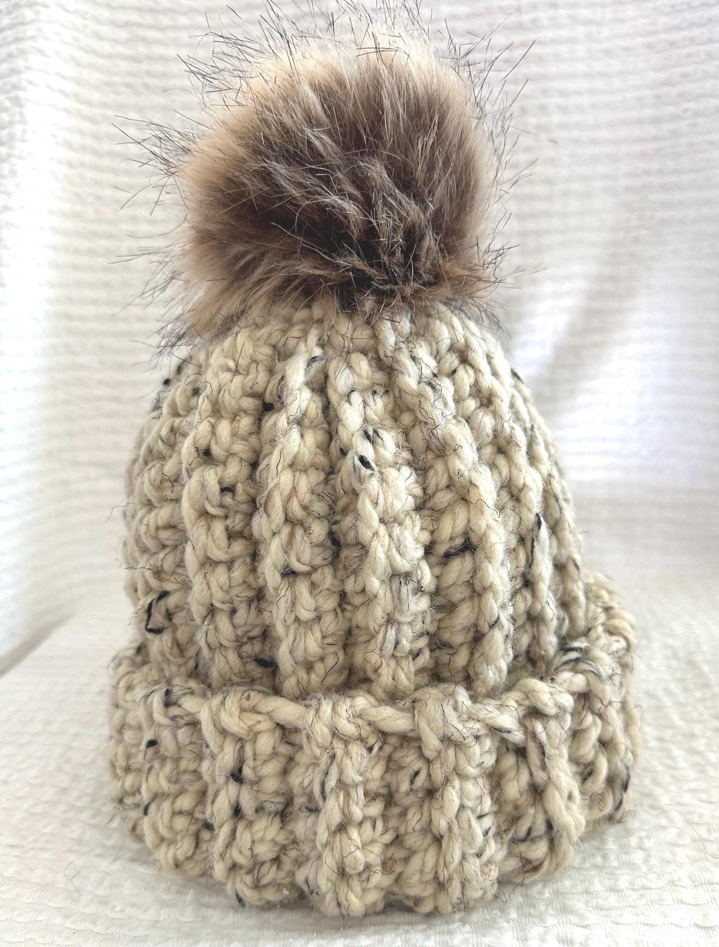 Adult Speckled Beige Crocheted Beanie with PomPom