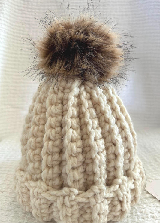 Adult Beige Crocheted Beanie with PomPom