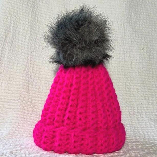 Kids Pink Crocheted Beanie with Grey PomPom