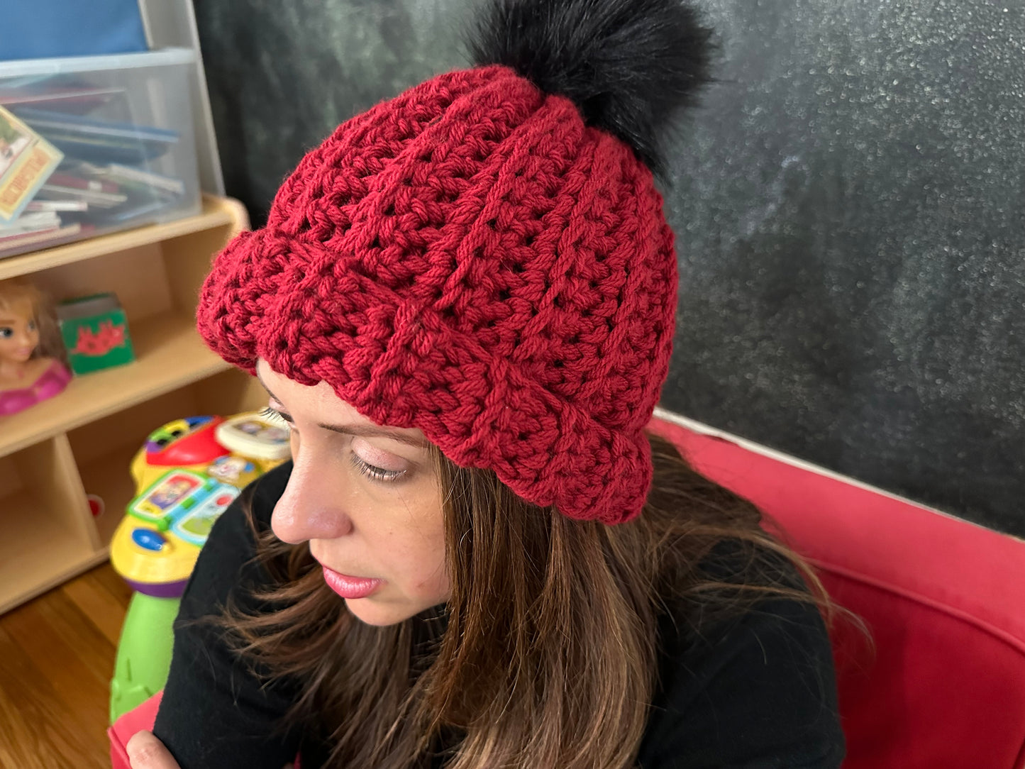 Adult Cream Crocheted Beanie with PomPom