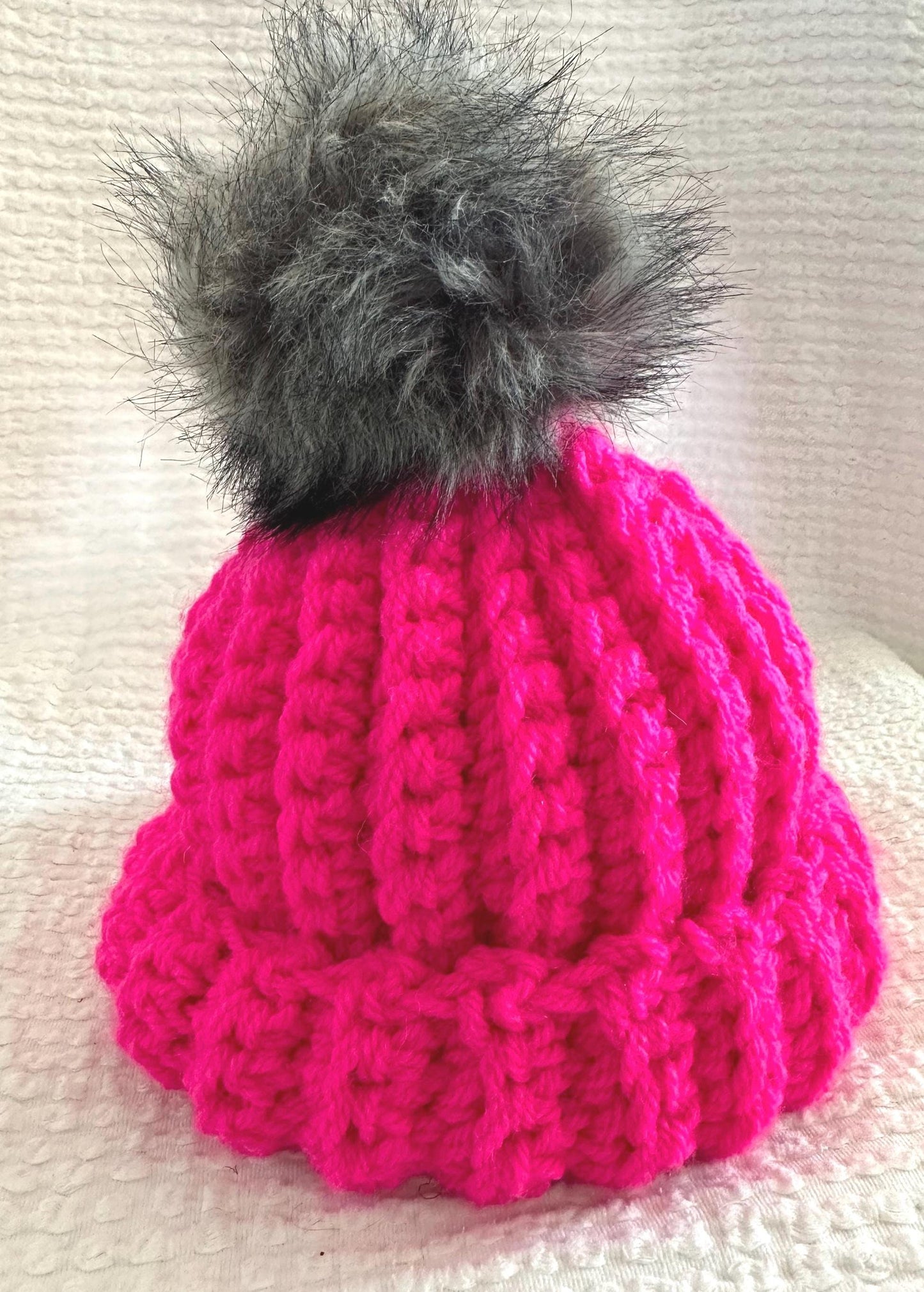 Adult Pink Crocheted Beanie with PomPom