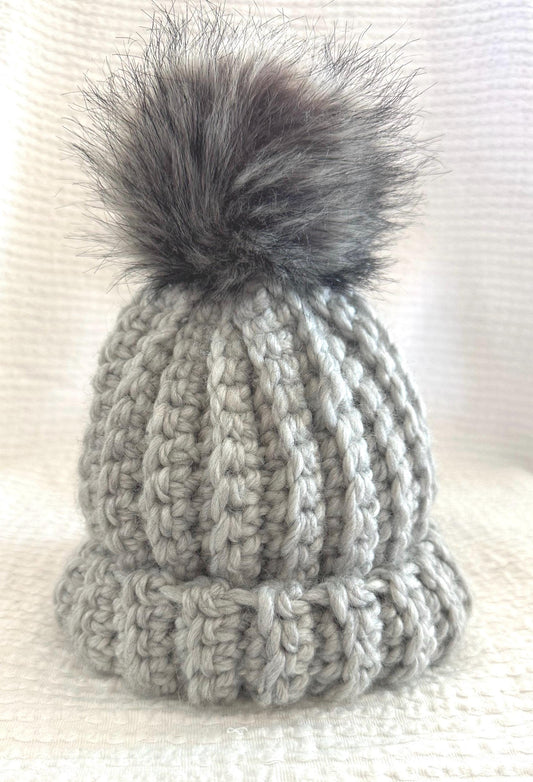 Kids Grey Crocheted Beanie with PomPom
