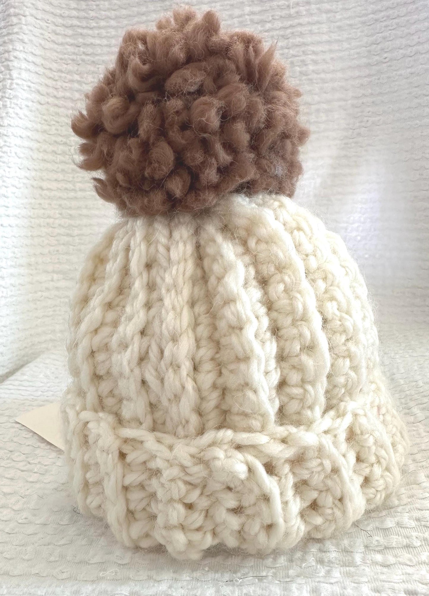 Adult Cream Crocheted Beanie with PomPom