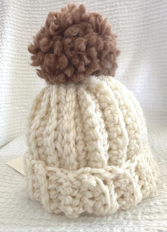 Adult Cream Crocheted Beanie with PomPom