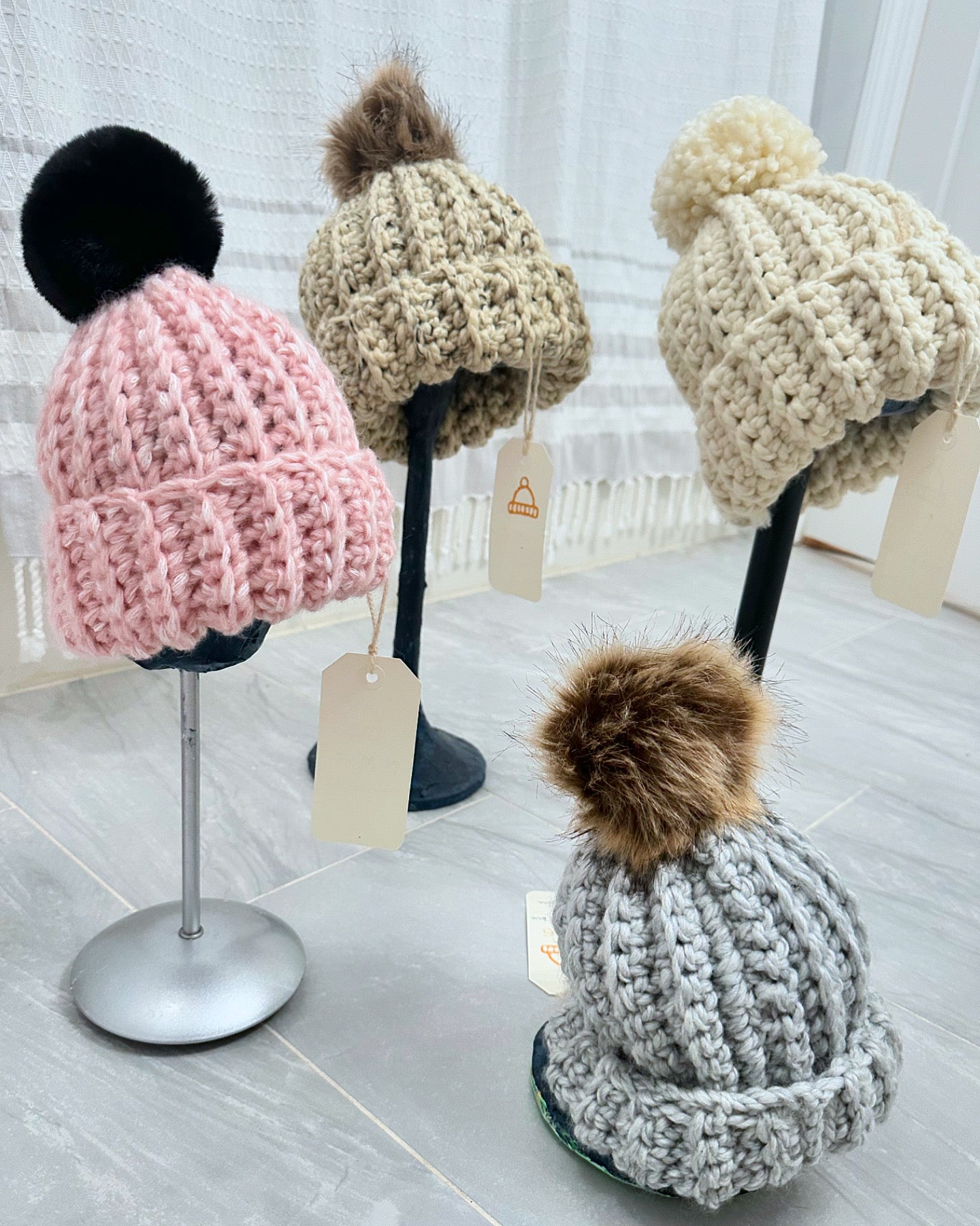 Adult Cream Crocheted Beanie with PomPom