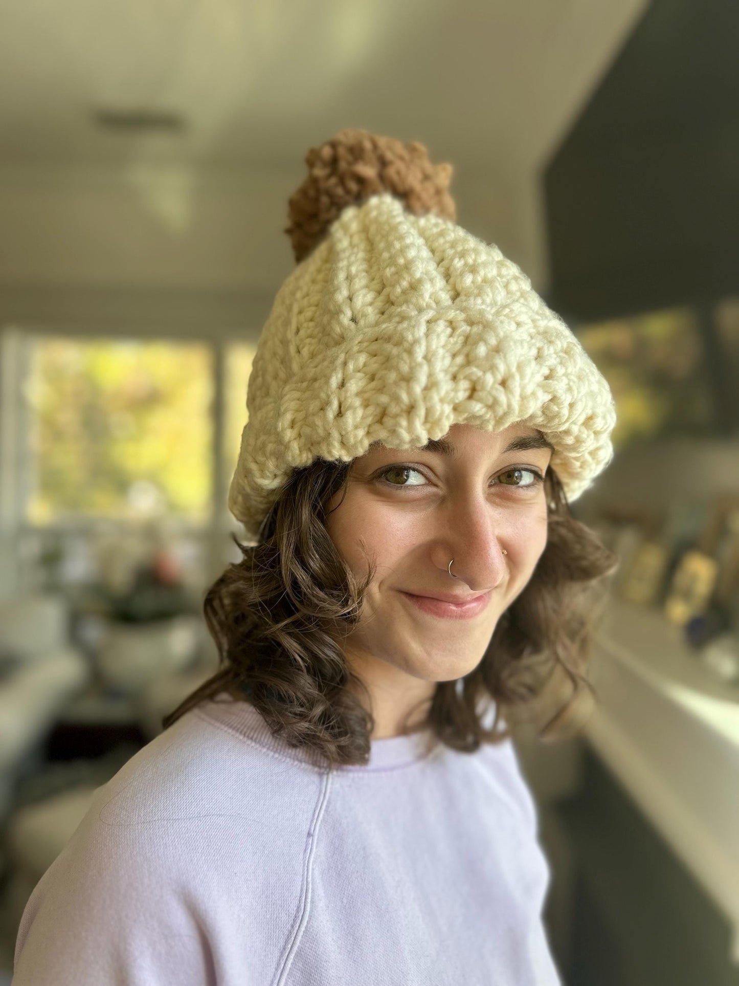 Adult Cream Crocheted Beanie with PomPom