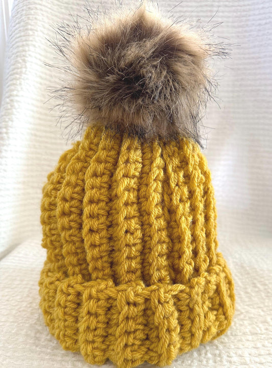 Adult Yellow Crocheted Beanie with PomPom