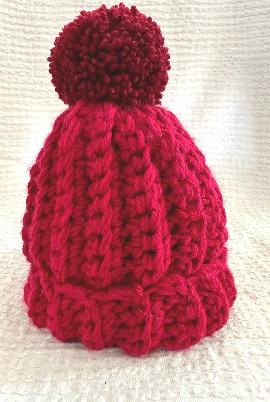 Kids Red Crocheted Beanie with PomPom
