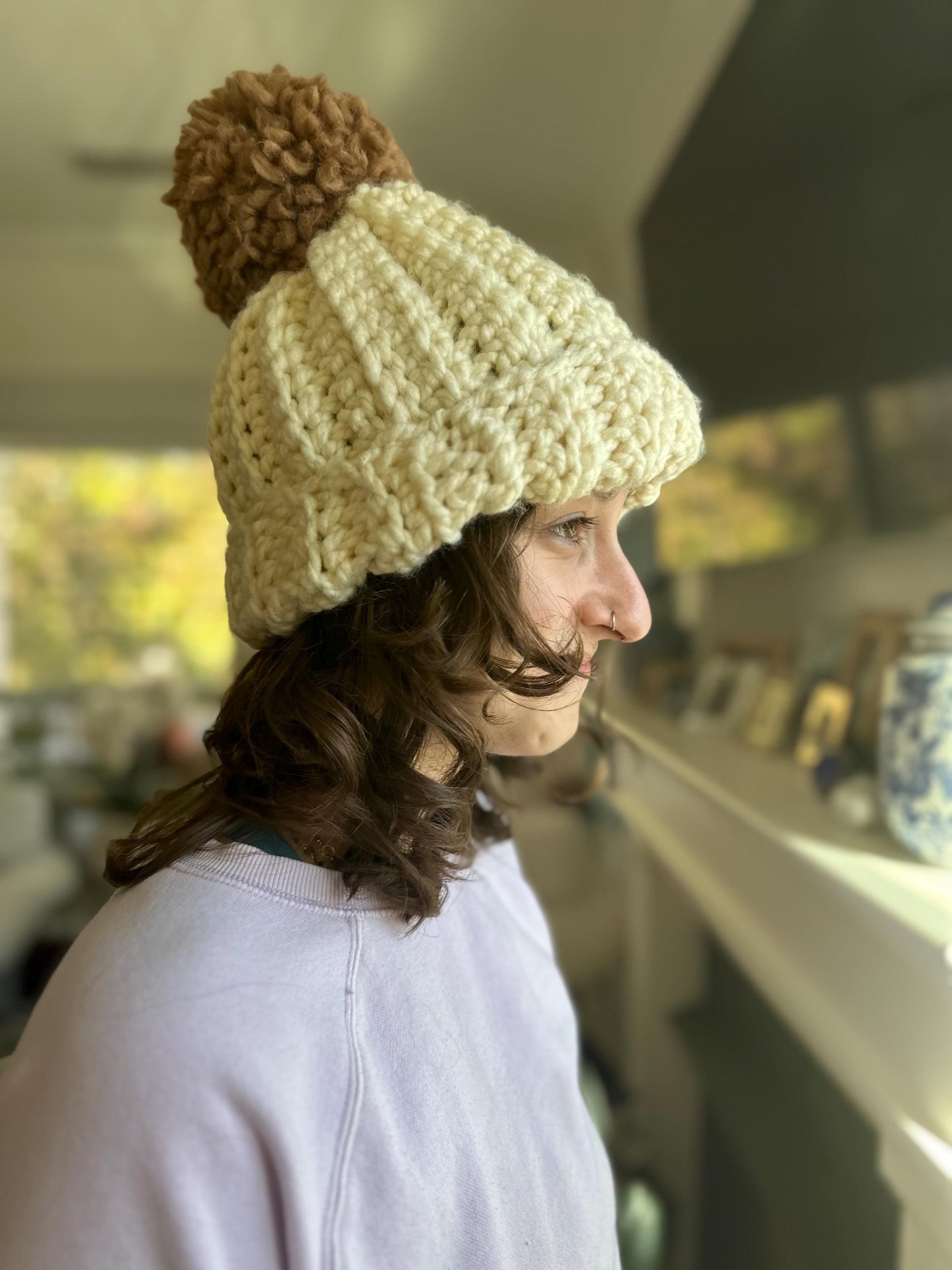 Adult Cream Crocheted Beanie with PomPom