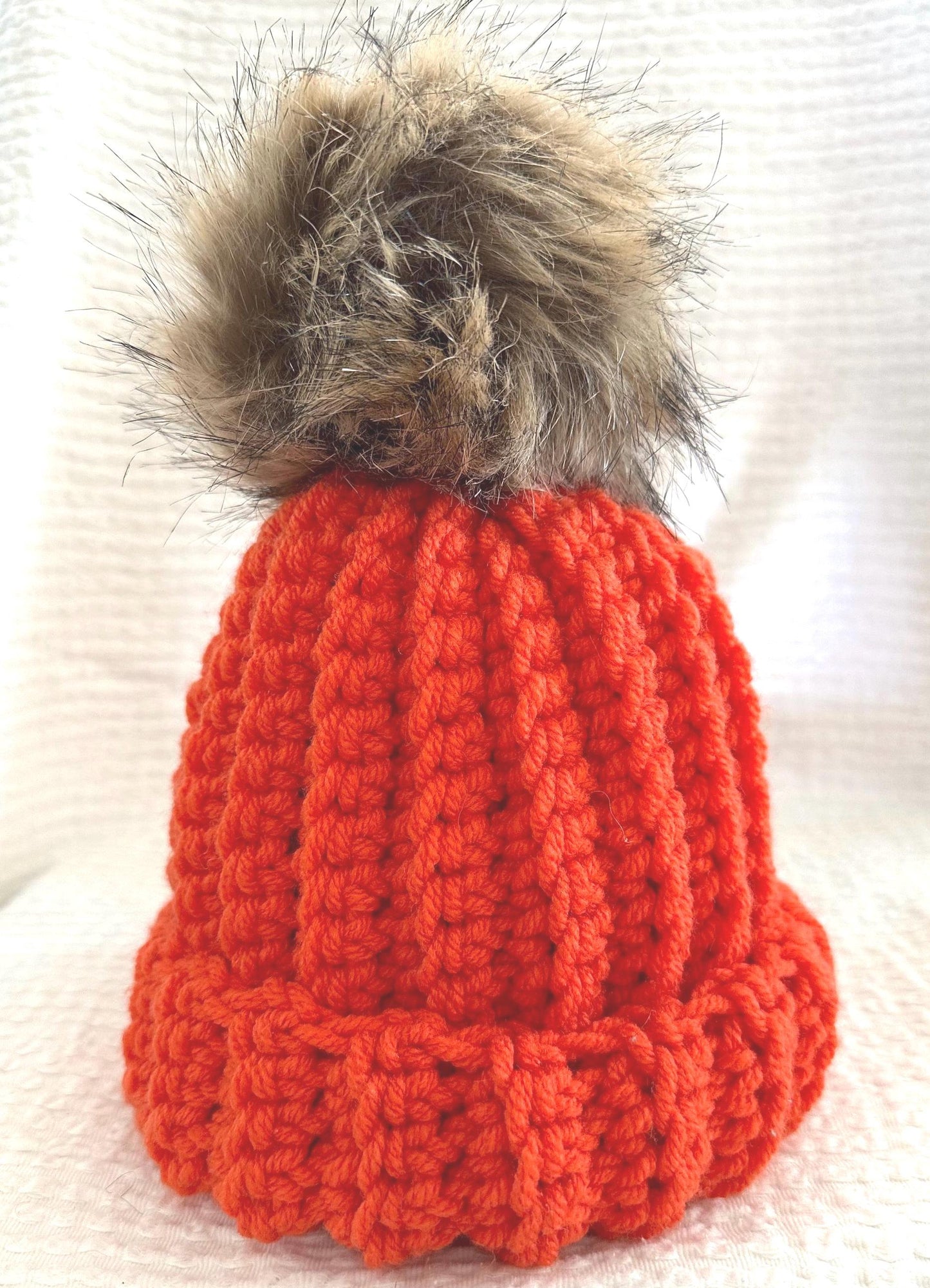 Kids Coral Crocheted Beanie with PomPom
